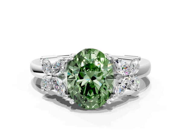 Platinum Fancy Green Oval  Diamond Floral Cluster Ring with Solitaire Band and Prong Setting