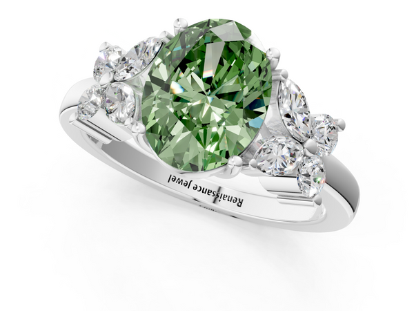 Platinum Fancy Green Oval  Diamond Floral Cluster Ring with Solitaire Band and Prong Setting
