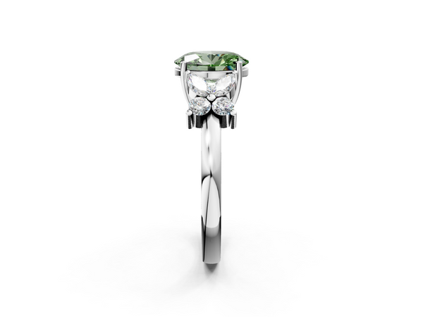 Platinum Fancy Green Oval  Diamond Floral Cluster Ring with Solitaire Band and Prong Setting