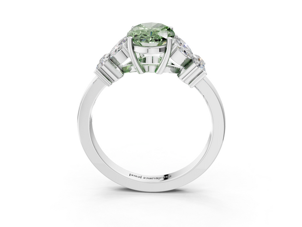Platinum Fancy Green Oval  Diamond Floral Cluster Ring with Solitaire Band and Prong Setting
