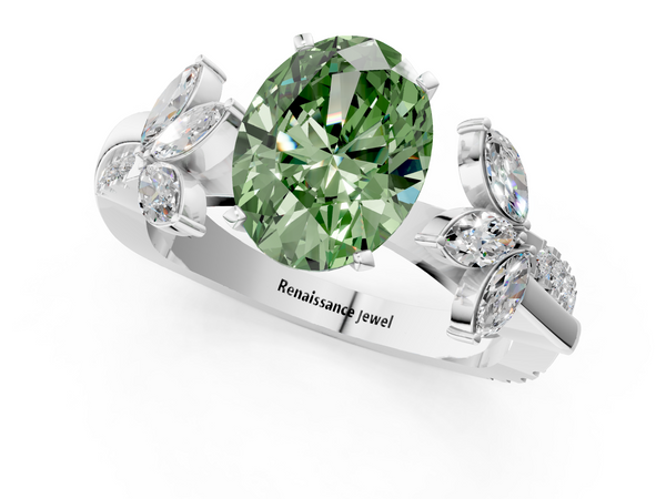 Platinum Fancy Green Oval  Diamond Floral Vine Solitaire Engagement Ring