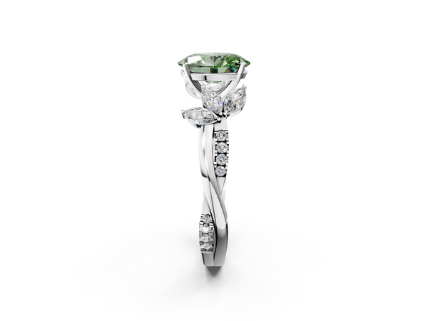 Platinum Fancy Green Oval  Diamond Floral Vine Solitaire Engagement Ring