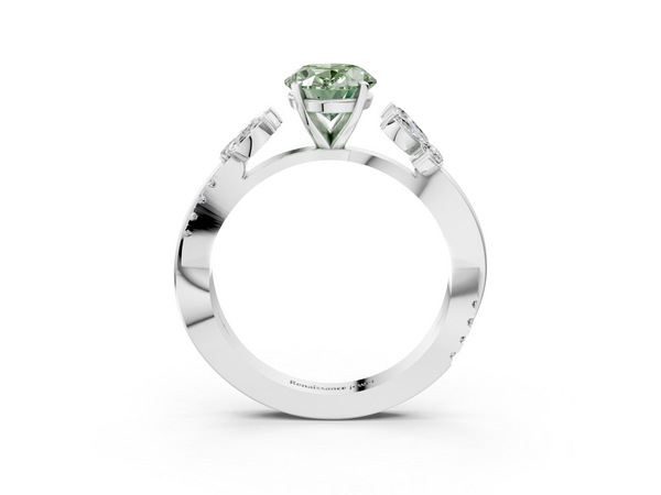 Platinum Fancy Green Oval  Diamond Floral Vine Solitaire Engagement Ring