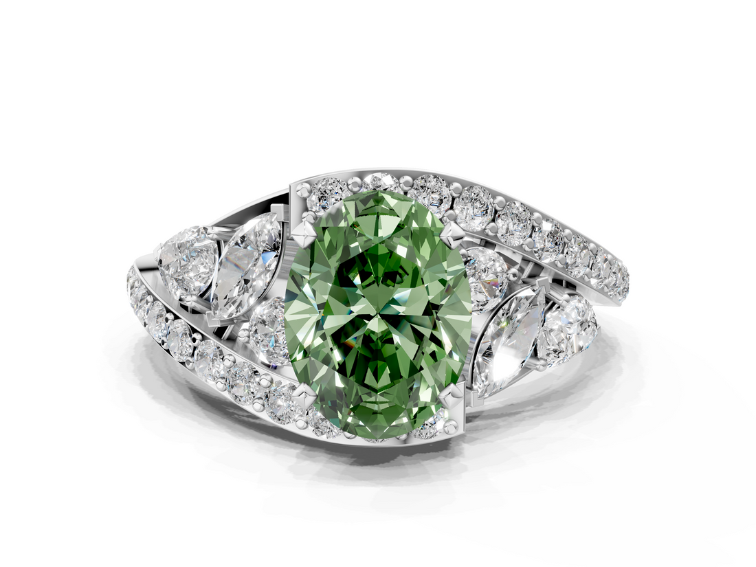 White gold Fancy Green Oval  Diamond Halo Ring with Marquise and Pavé Band in Prong Setting_62