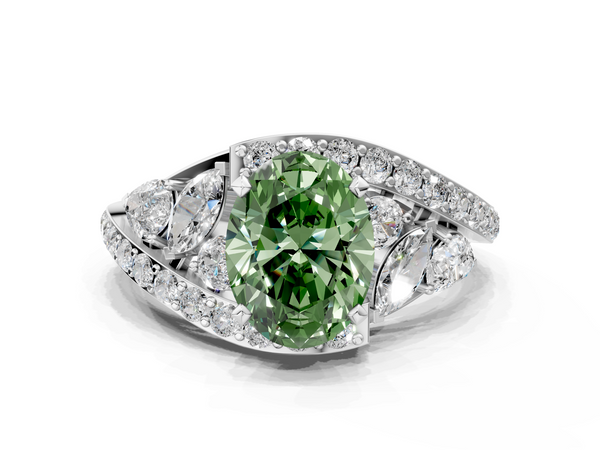 White gold Fancy Green Oval  Diamond Halo Ring with Marquise and Pavé Band in Prong Setting