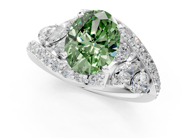 White gold Fancy Green Oval  Diamond Halo Ring with Marquise and Pavé Band in Prong Setting