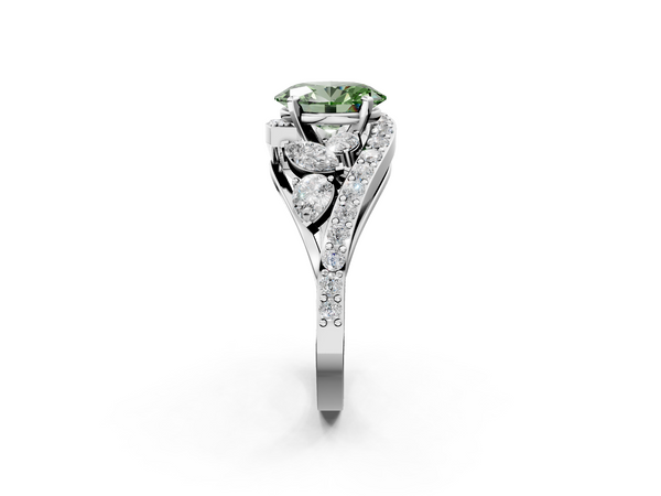 White gold Fancy Green Oval  Diamond Halo Ring with Marquise and Pavé Band in Prong Setting