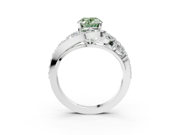 White gold Fancy Green Oval  Diamond Halo Ring with Marquise and Pavé Band in Prong Setting