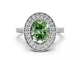 White gold Fancy Green Oval  Diamond Halo Ring with Milgrain Frame and Pavé Band_71