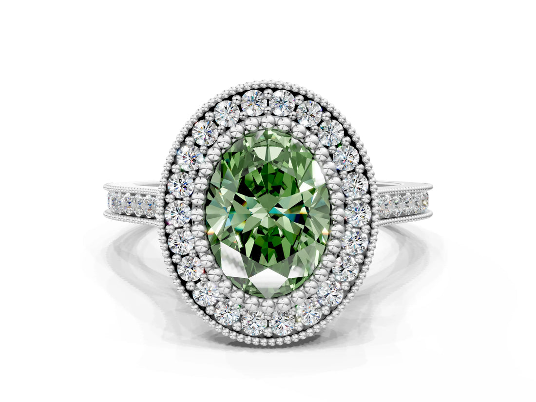White gold Fancy Green Oval  Diamond Halo Ring with Milgrain Frame and Pavé Band_71