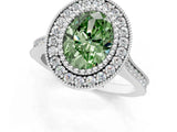 White gold Fancy Green Oval  Diamond Halo Ring with Milgrain Frame and Pavé Band_72