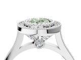 White gold Fancy Green Oval  Diamond Halo Ring with Milgrain Frame and Pavé Band_75