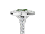 White gold Fancy Green Oval  Diamond Halo Ring with Milgrain Frame and Pavé Band_76