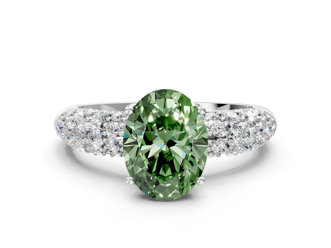 White gold Fancy Green Oval  Diamond Pavé Band Solitaire Ring with Four-Prong Setting_49