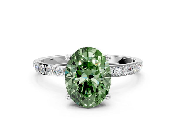 Platinum Fancy Green Oval  Diamond Pavé Band with Six-Prong Setting