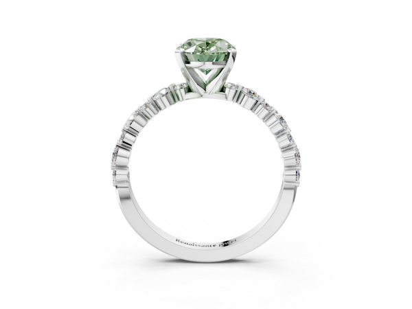 Platinum Fancy Green Oval Cut Diamond Prong Set Engagement Ring with Pavé Band