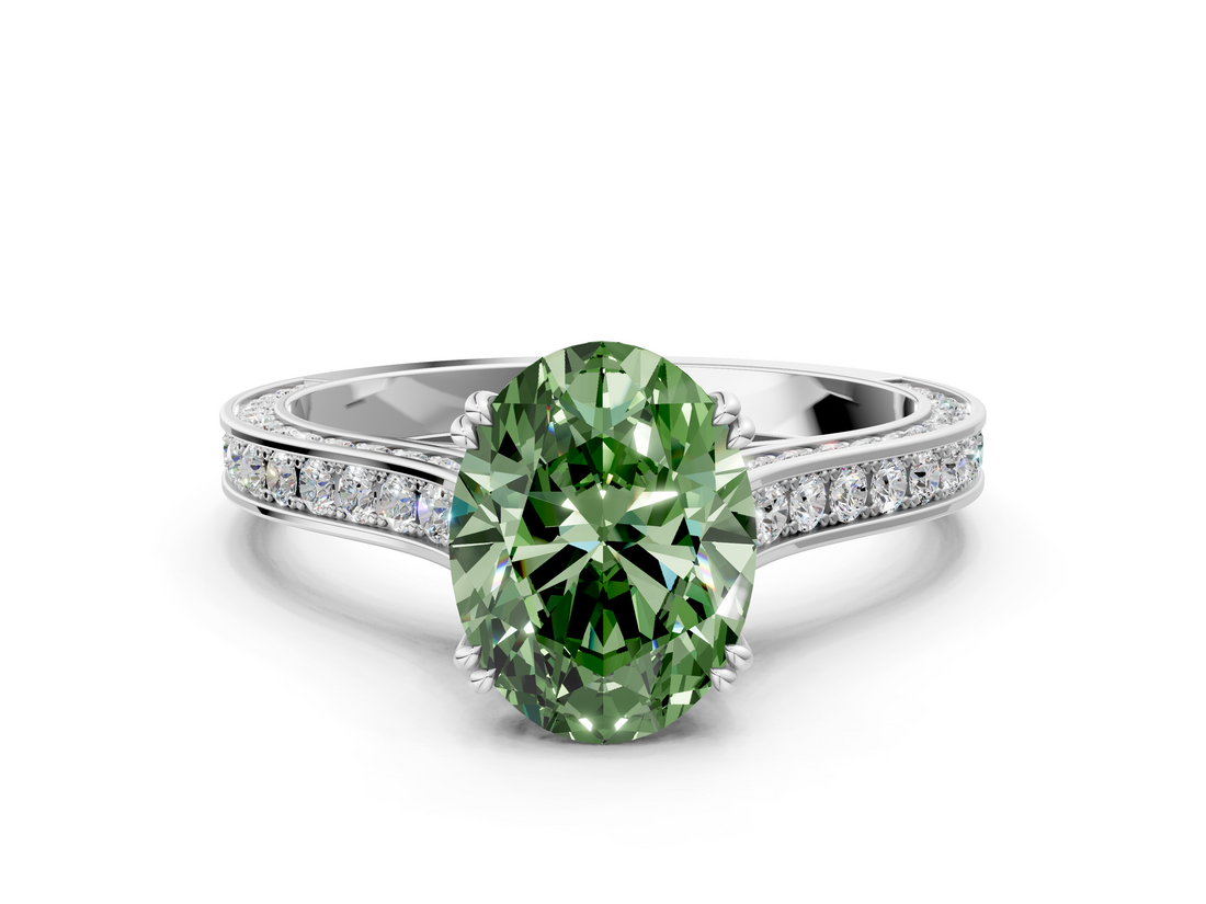 White gold Fancy Green Oval  Diamond Solitaire with Pave Band and Six-Prong Setting_20