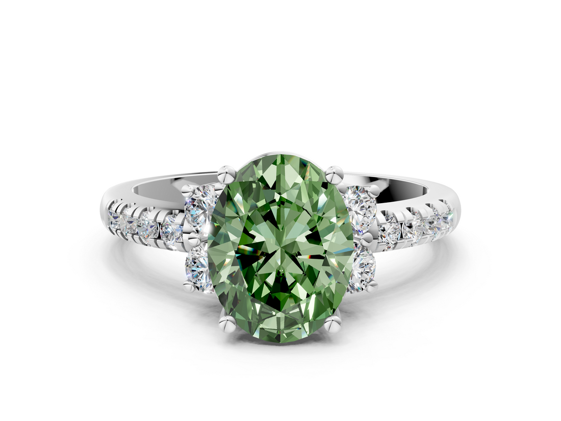 White gold Fancy Green Oval  Diamond Three-Stone Pave Band with Four-Prong Setting_20