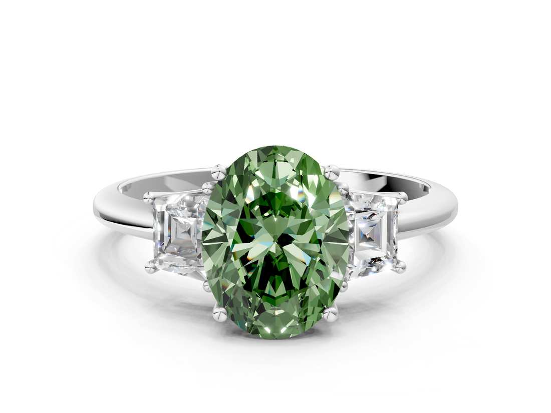 White gold Fancy Green Oval  Diamond Three-Stone Ring with Trapezoid Side Stones and Prong Setting_17