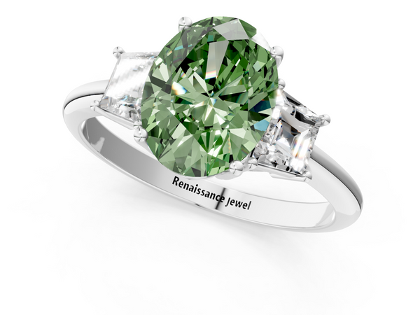 White gold Fancy Green Oval  Diamond Three-Stone Ring with Trapezoid Side Stones and Prong Setting