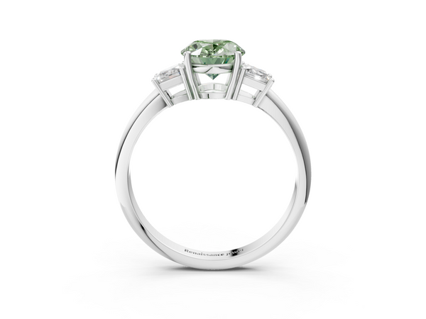 White gold Fancy Green Oval  Diamond Three-Stone Ring with Trapezoid Side Stones and Prong Setting