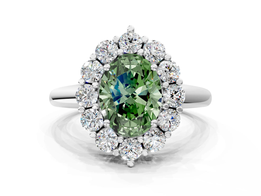 White gold Fancy Green Oval  Halo Cluster Diamond Engagement Ring with Prong Setting and Polished Band_20