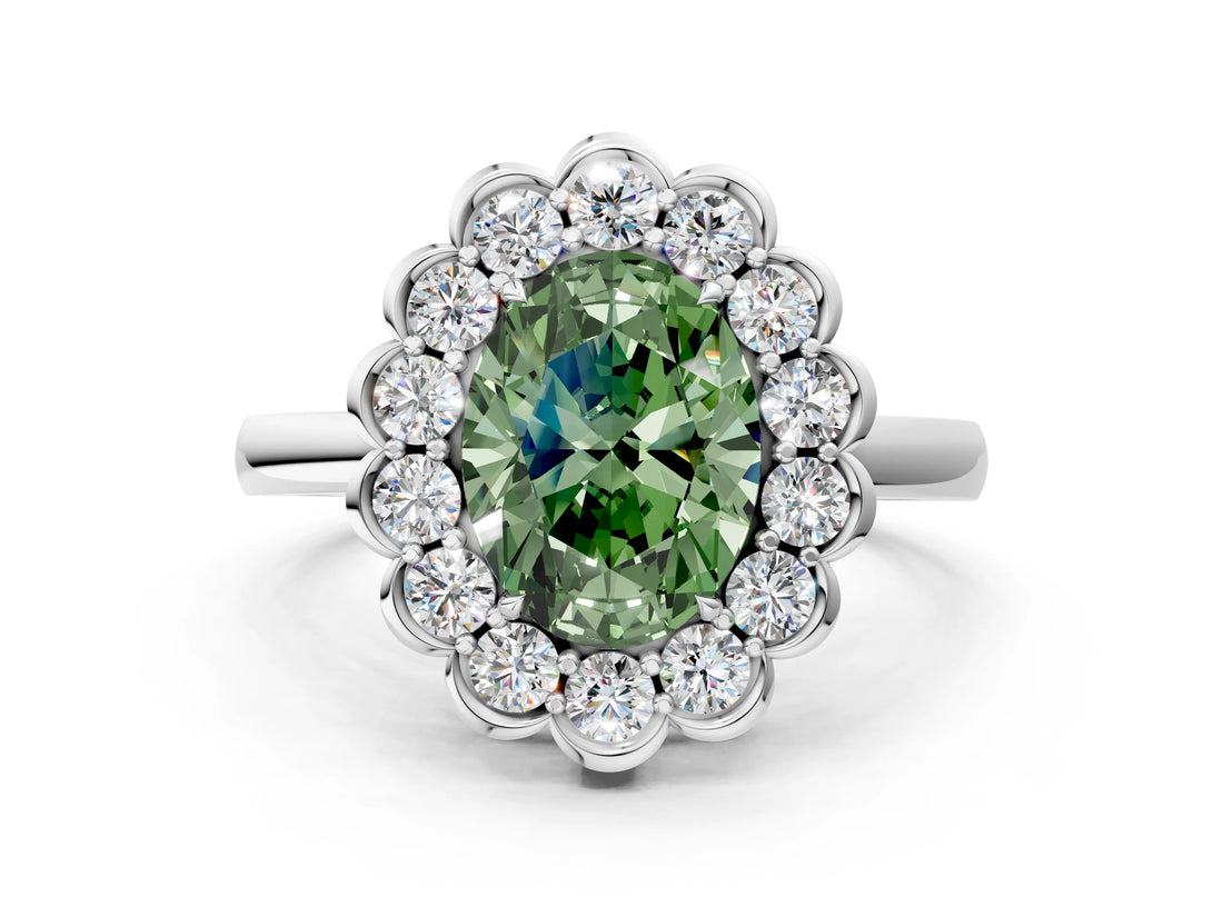 White gold Fancy Green Oval  Halo Cluster Diamond Engagement Ring with Solitaire Band and Prong Setting_66