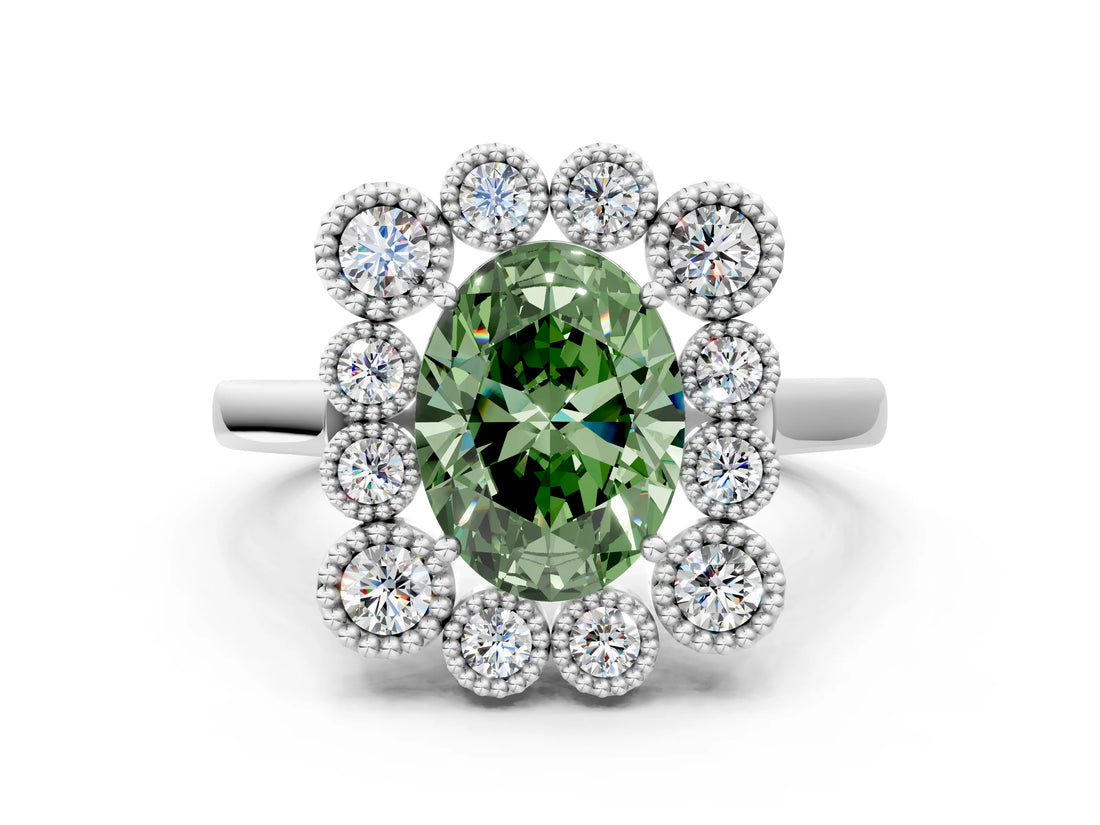 White gold Fancy Green Oval  Halo Diamond Cluster Engagement Ring with Milgrain Bezel Setting and Solitaire Band_63