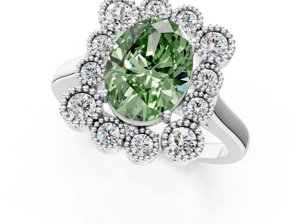 White gold Fancy Green Oval  Halo Diamond Cluster Engagement Ring with Milgrain Bezel Setting and Solitaire Band