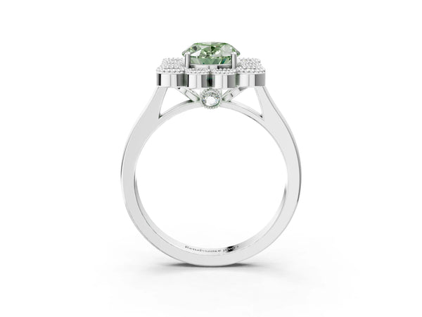 White gold Fancy Green Oval  Halo Diamond Cluster Engagement Ring with Milgrain Bezel Setting and Solitaire Band