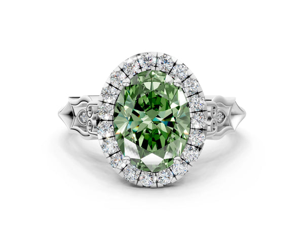 White gold Fancy Green Oval  Halo Diamond Engagement Ring with Filigree Band and Four-Prong Setting