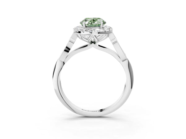 White gold Fancy Green Oval  Halo Diamond Engagement Ring with Filigree Band and Four-Prong Setting