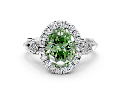 White gold Fancy Green Oval  Halo Diamond Engagement Ring with Filigree Band and Four-Prong Setting_21