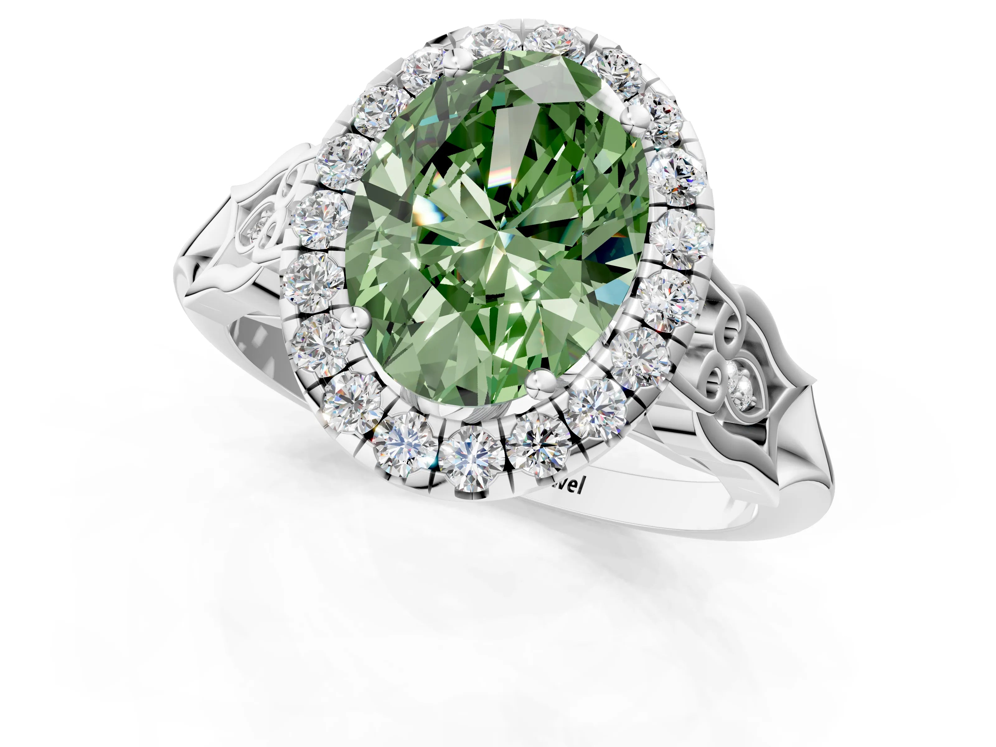 White gold Fancy Green Oval  Halo Diamond Engagement Ring with Filigree Band and Four-Prong Setting_22
