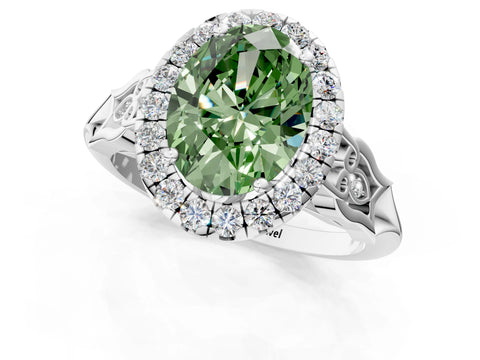 White gold Fancy Green Oval  Halo Diamond Engagement Ring with Filigree Band and Four-Prong Setting_22