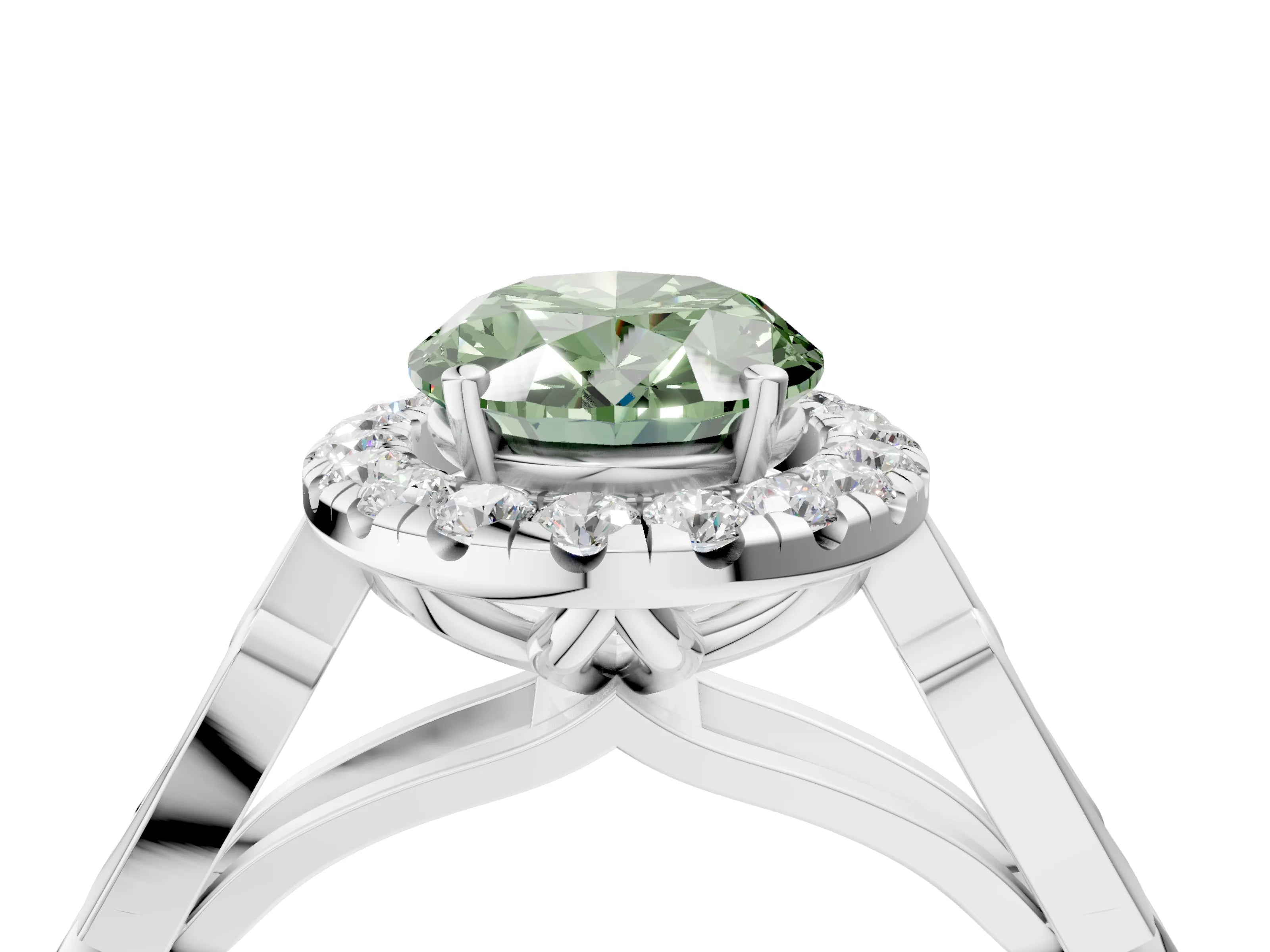 White gold Fancy Green Oval  Halo Diamond Engagement Ring with Filigree Band and Four-Prong Setting_25