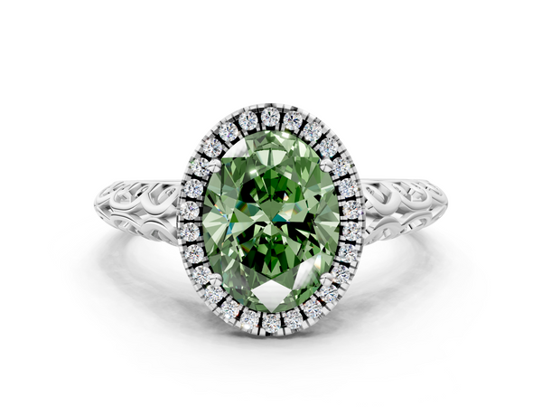 Platinum Fancy Green Oval  Halo Diamond Engagement Ring with Intricate Filigree Band and Four-Prong Setting