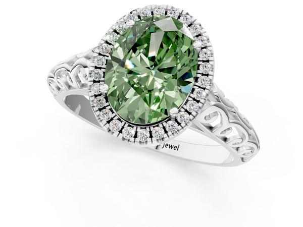 Platinum Fancy Green Oval  Halo Diamond Engagement Ring with Intricate Filigree Band and Four-Prong Setting