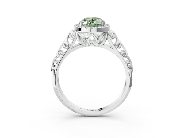 Platinum Fancy Green Oval  Halo Diamond Engagement Ring with Intricate Filigree Band and Four-Prong Setting