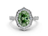 White gold Fancy Green Oval  Halo Diamond Engagement Ring with Milgrain Band and Four-Prong Setting_66