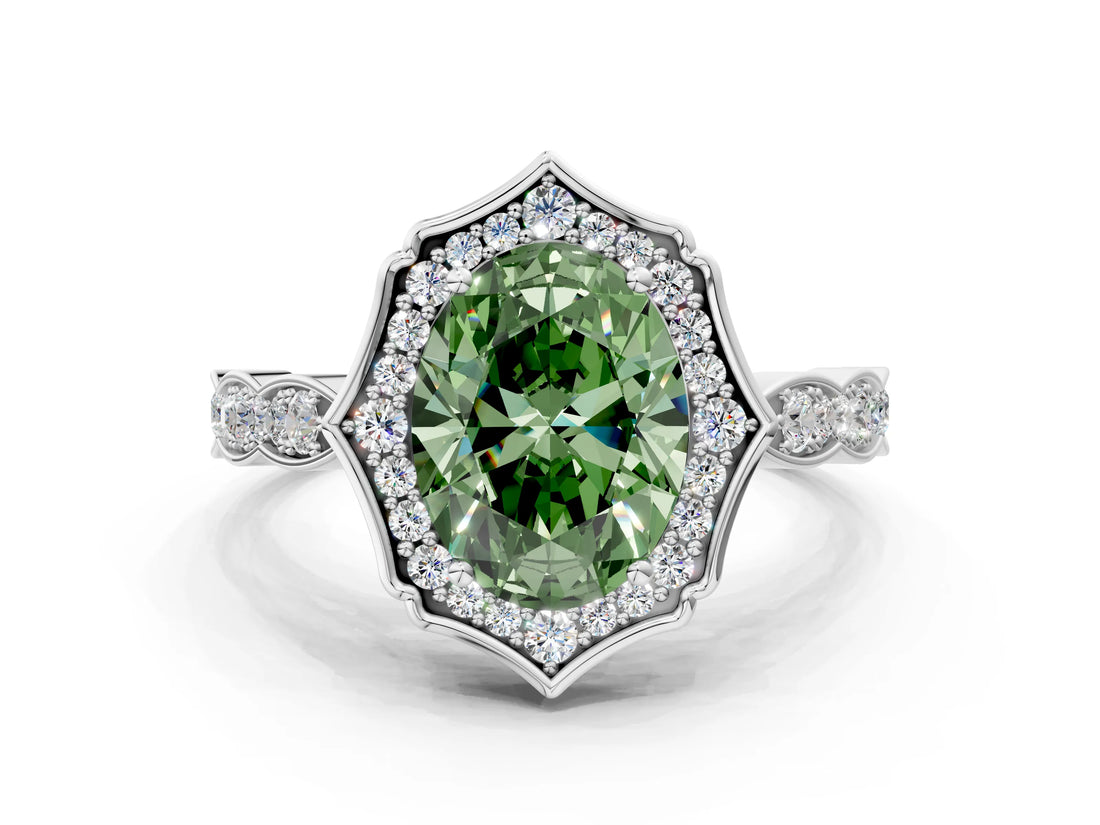 White gold Fancy Green Oval  Halo Diamond Engagement Ring with Milgrain Band and Four-Prong Setting_67