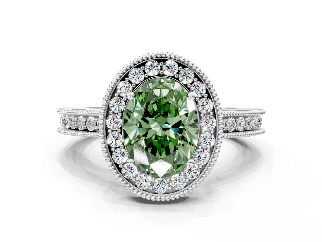 White gold Fancy Green Oval  Halo Diamond Engagement Ring with Milgrain Pave Band and Four-Prong Setting_128
