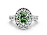 White gold Fancy Green Oval  Halo Diamond Engagement Ring with Milgrain Pave Band and Four-Prong Setting_128