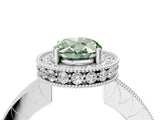 White gold Fancy Green Oval  Halo Diamond Engagement Ring with Milgrain Pave Band and Four-Prong Setting_133