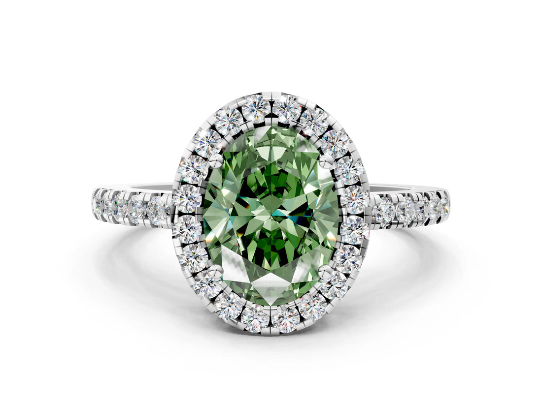 White gold Fancy Green Oval  Halo Diamond Engagement Ring with Pavé Band and Four-Prong Setting_111