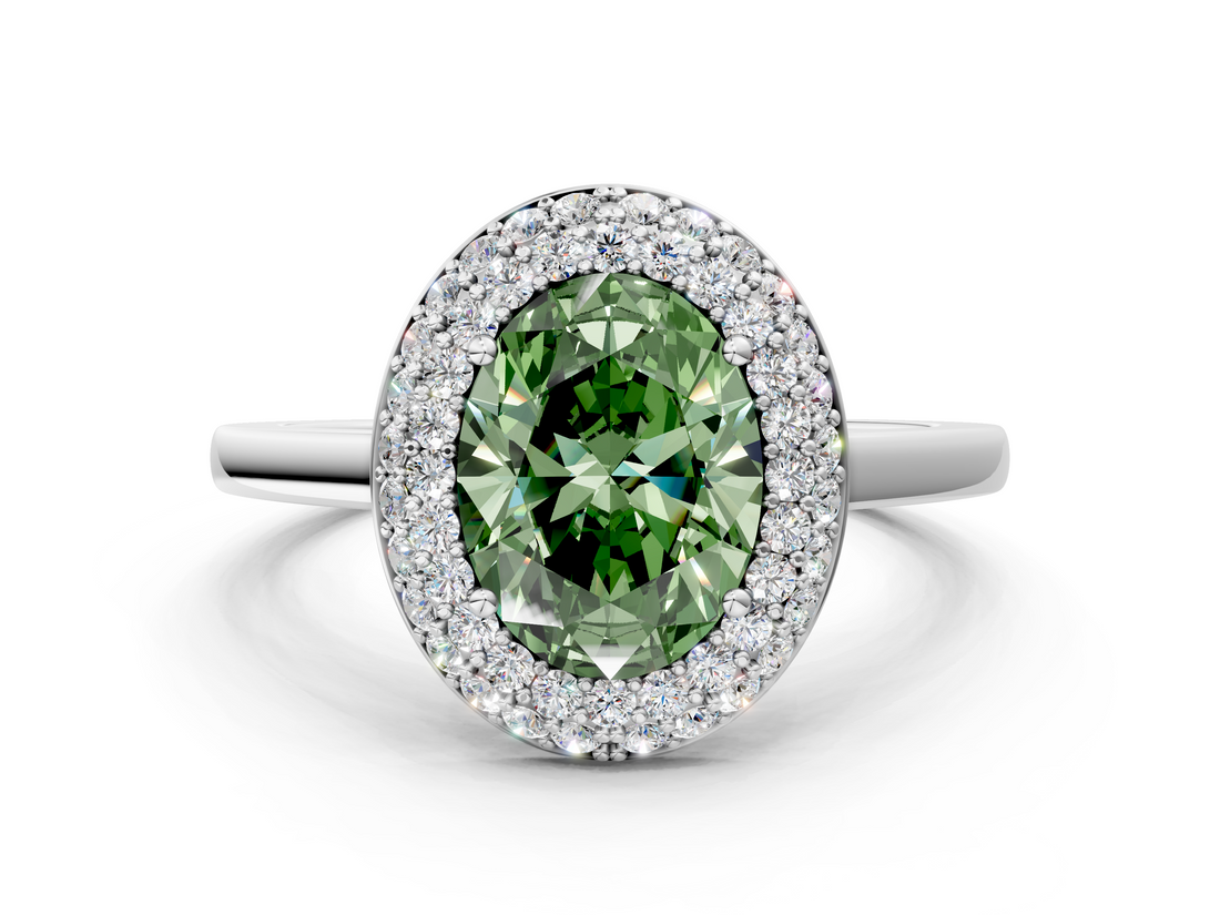 White gold Fancy Green Oval  Halo Diamond Engagement Ring with Solitaire Band and Four-Prong Setting_20
