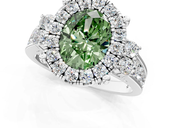 White gold Fancy Green Oval  Halo Diamond Engagement Ring with Split Shank and Four-Prong Setting