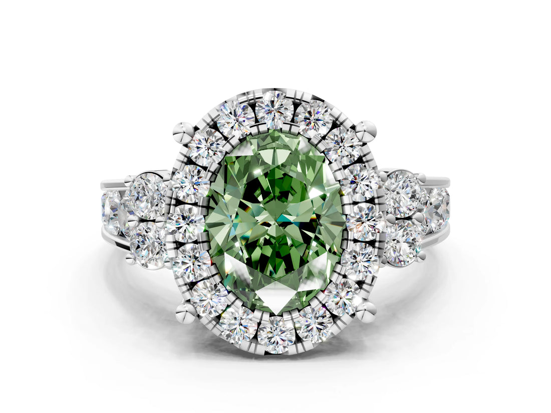 White gold Fancy Green Oval  Halo Diamond Engagement Ring with Split Shank and Four-Prong Setting_73