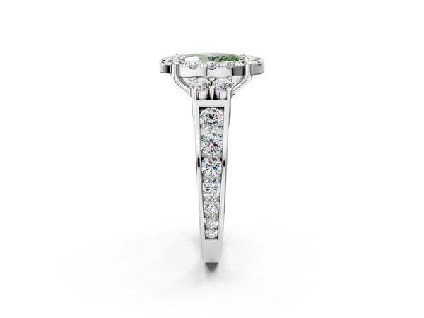 White gold Fancy Green Oval  Halo Diamond Engagement Ring with Split Shank and Four-Prong Setting