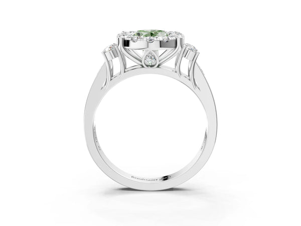 White gold Fancy Green Oval  Halo Diamond Engagement Ring with Split Shank and Four-Prong Setting